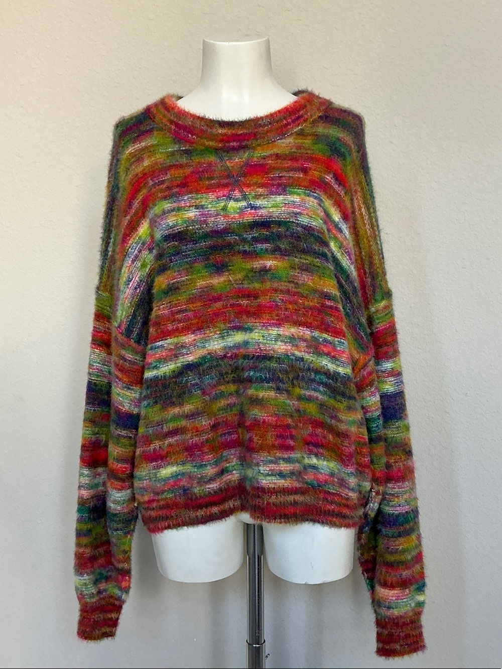 Free People Fuzzy Multicolor Striped Crewneck Sweater